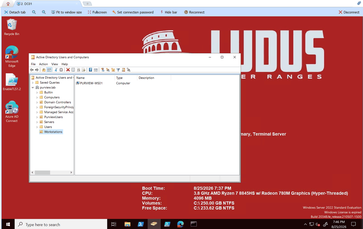 Active Directory Users and Computers on the DC showing PURVIEW-WS01 inside the Workstations organizational unit of purview.lab