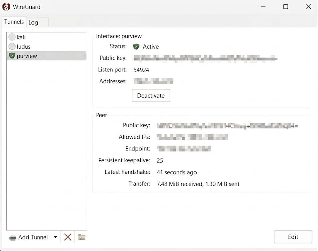 WireGuard client on Windows with the purview tunnel active, showing a recent handshake and traffic counters