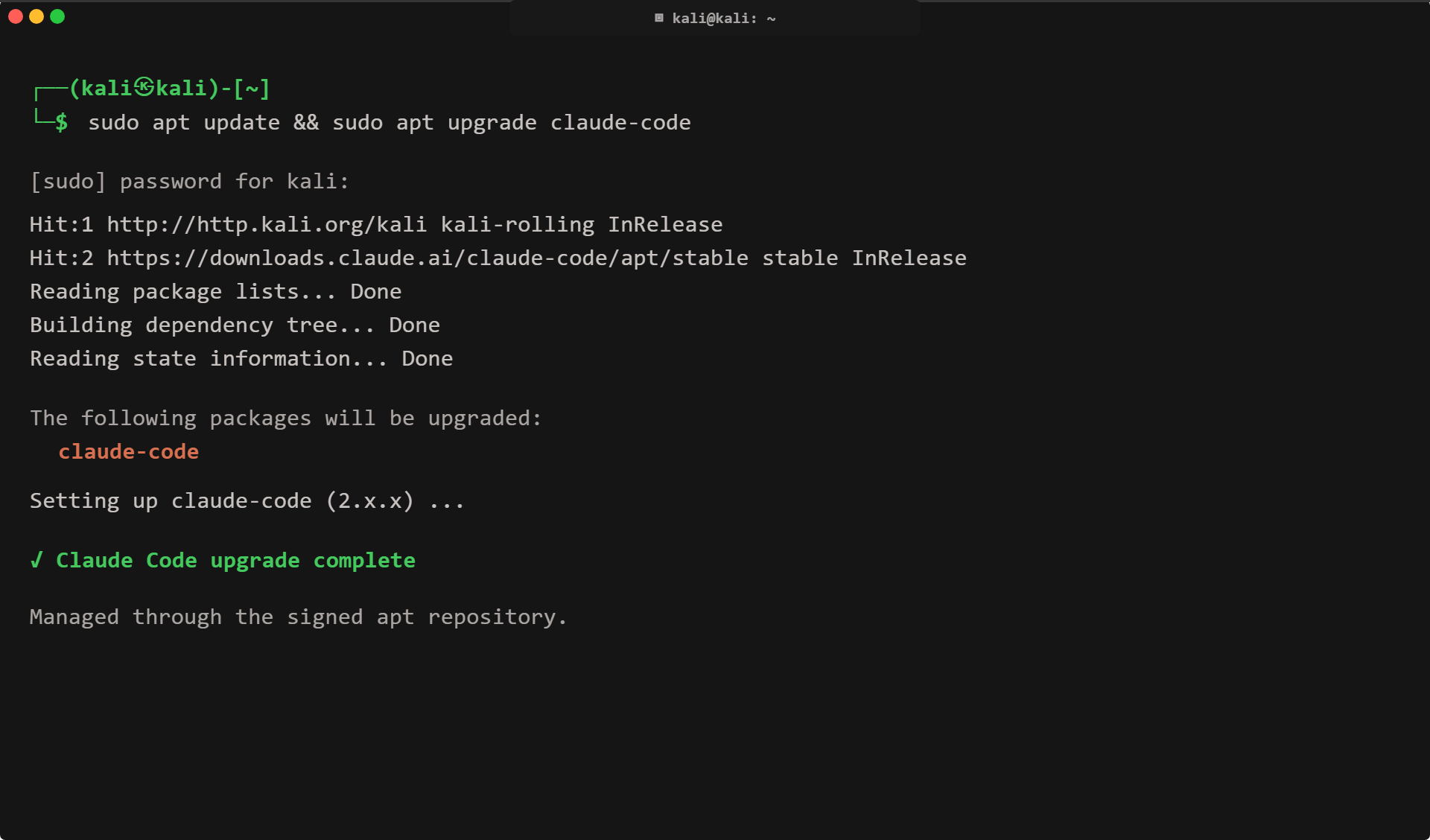 Kali terminal running sudo apt update && sudo apt upgrade claude-code, showing the signed downloads.claude.ai repository and the claude-code package upgrading successfully.