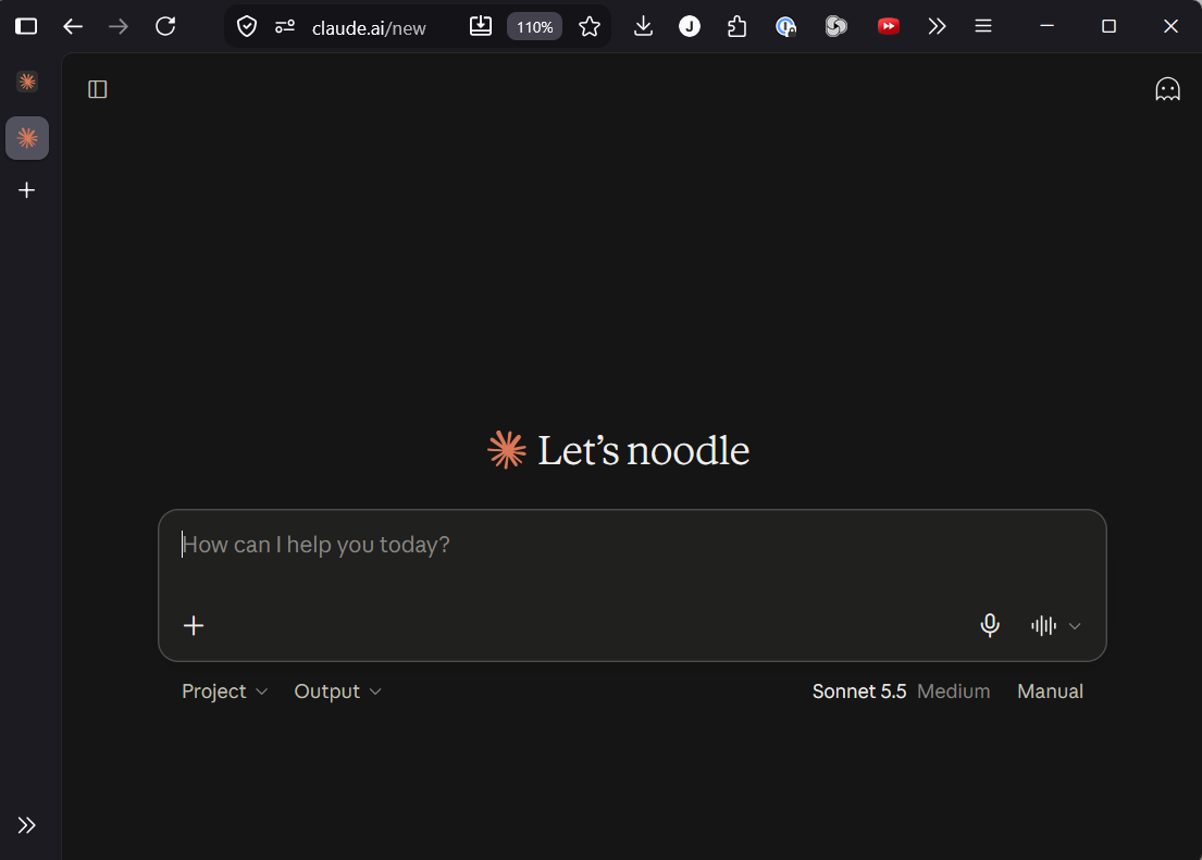 The claude.ai chat interface in a browser, showing the Let's noodle greeting and the How can I help you today? prompt box, with the Sonnet 5.5 model selected.
